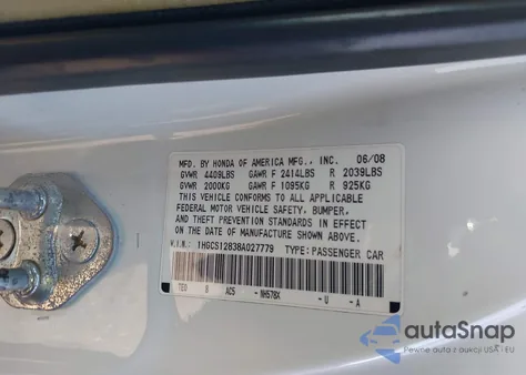 2008 Honda Accord 2.4 Ex-L from USA, damaged, VIN 1HGCS12838A027779